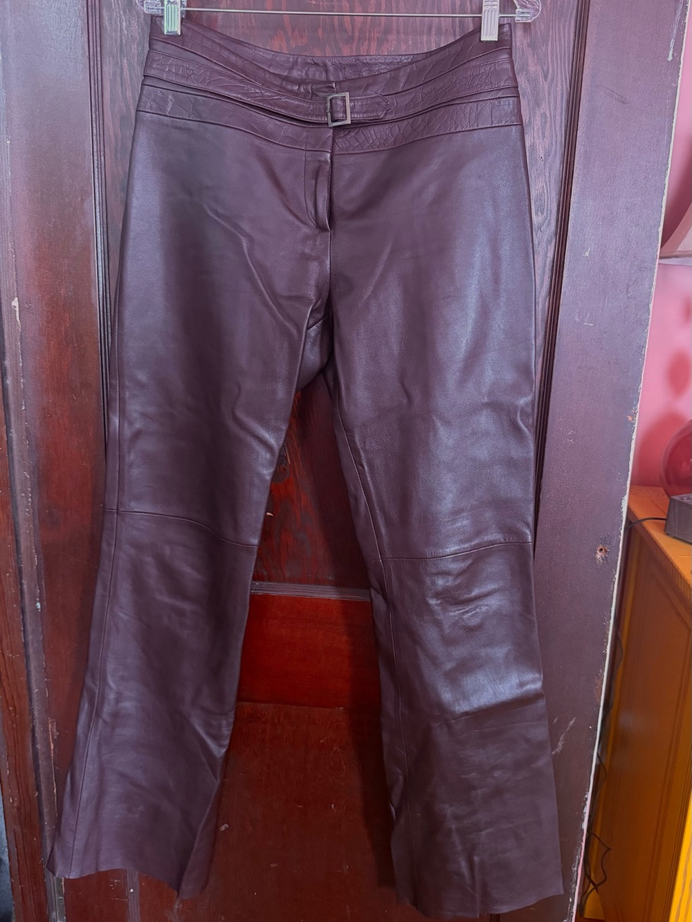 Women's Burgundy Leather Jeans - Stylish Flared Fit